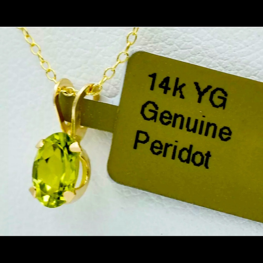 14k Yellow Gold Genuine  Peridot Pendant Necklace - with 925 Goldtone Chain